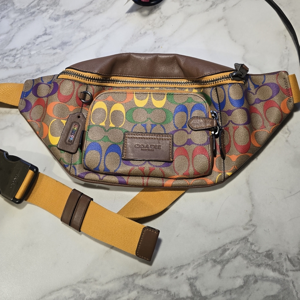 Coach Crossbody Belt Bag In Rainbow Signature Pattern and Gold Hardware
